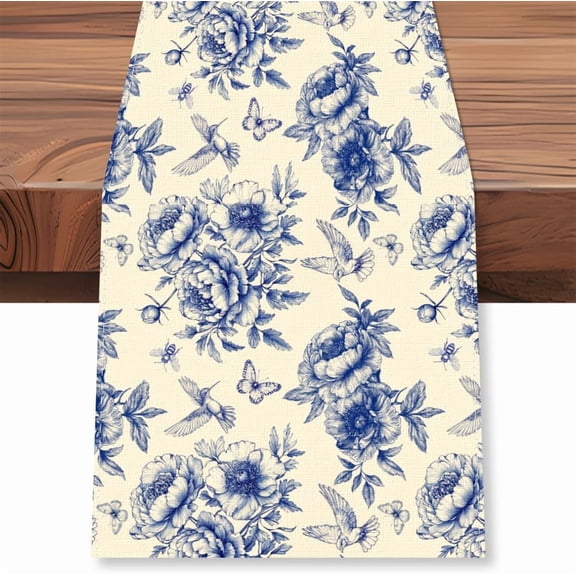Blue Floral Table Runner Flower Hummingbird Kitchen Dinner Table Runner Decoration 13x72 Inches Long Seasonal Holiday Anniversary Wedding Table Decoration for Home Indoor Outdoor Party