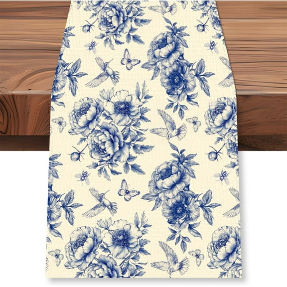 Blue Floral Table Runner Flower Hummingbird Kitchen Dinner Table Runner Decoration 13x72 Inches Long Seasonal Holiday Anniversary Wedding Table Decoration