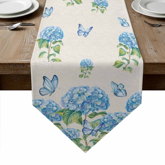 Blue Floral Table Runner Linen Burlap Table Runner 48 Inches Long Summer Botanical Hydrangeas Butterfly Dresser Scarves for Kitchen Island Coffee Dining Room Party Wedding Holiday Decoration 13"x48"