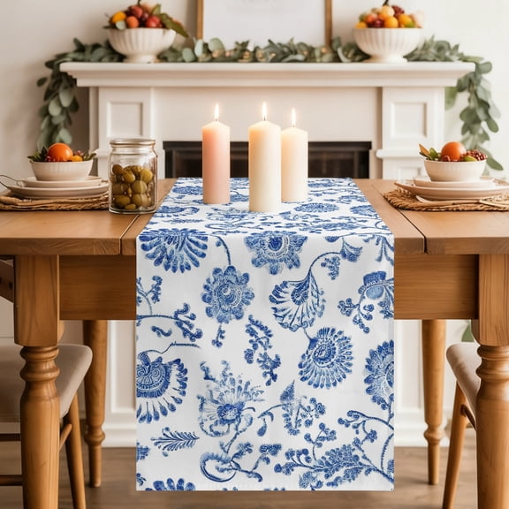 Blue Floral Table Runner, Vintage Flower Traditional Classic Farmhouse Washable Cotton-linen Table Runners Dining Kitchen Decoration for Everyday Home Wedding Party Decor, 13 x 36 Inch