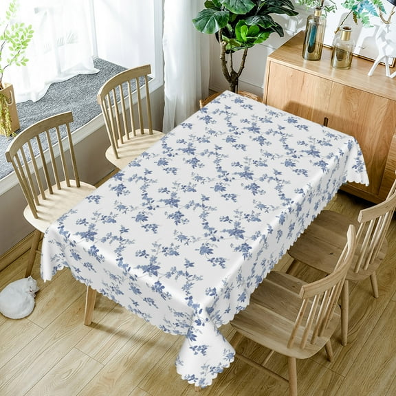 Blue Floral Tablecloth,Linen Table Cloth with Wildflower,Table Cover for Dining Kitchen Decor Party Banquet,60x84