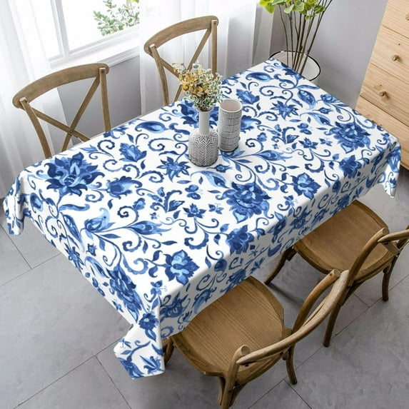 Blue Floral Tablecloth Rectangle Table Cloth Washable Table Cover for Decoration Kitchen Dining Room 60x84 Inch