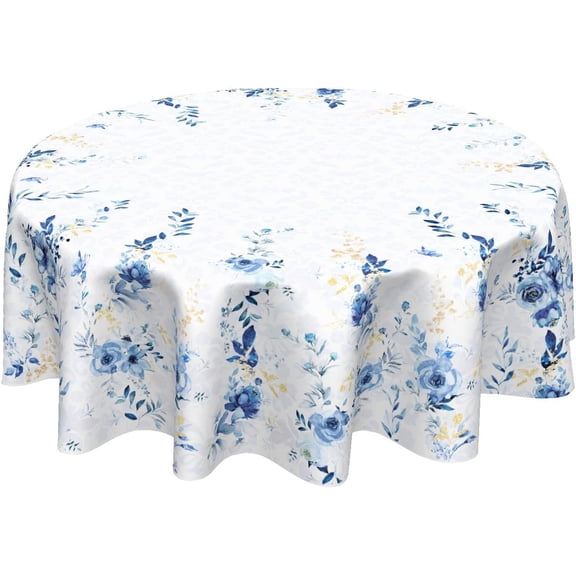 Blue Floral Tablecloth Round 60 Inch Spring Summer Blue and White Wildflower Outdoor Table Cloth Farmhouse Flower Table Cover for Kitchen Dinner Room Holiday Party Indoor Outdoor Home Decor