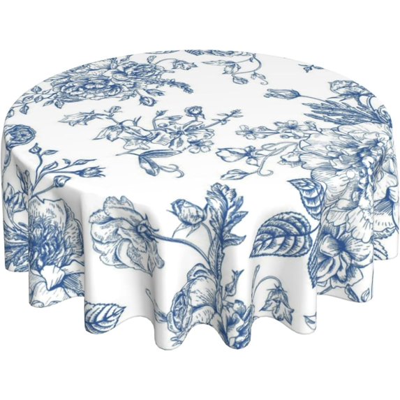 Blue Floral Tablecloth Round 70 Inch Chinoiserie Vintage Flower Table Cloth,Stain Resistance Polyester Spring Summer Seasonal Table Covers for Kitchen Dining,Small Tablecloth for Party Picnic