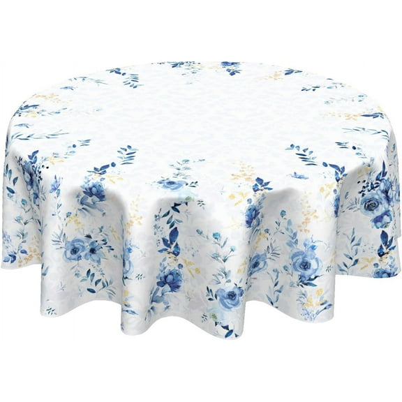 Blue Floral Tablecloth Round 70 Inch Spring Summer Blue and White Wildflower Outdoor Table Cloth Farmhouse Flower Table Cover for Kitchen Dinner Room Holiday Party Indoor Outdoor Home Decor