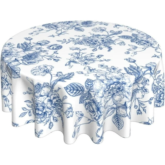 Blue Floral Tablecloth Round 70 Inch Vintage Chinoiserie Blue Table ...