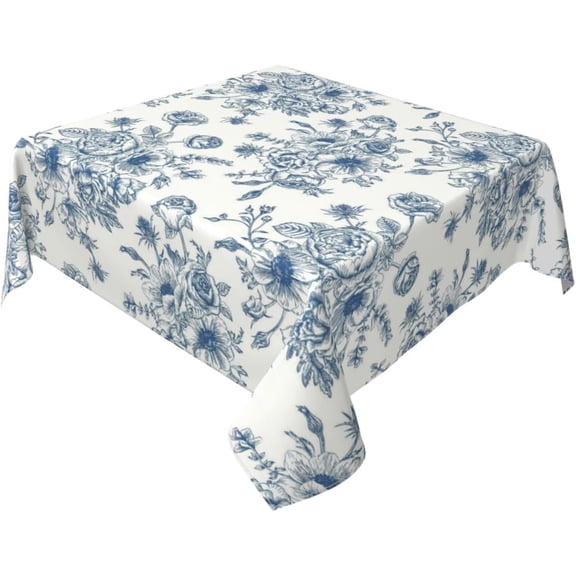 Blue Floral Tablecloth Square 60 Inch Blue Chinoiserie Table Cloth Polyester Fabric Vintage Spring Summer Flowers Farmhouse Table Cover for Kitchen Party Picnic Outdoor Decor