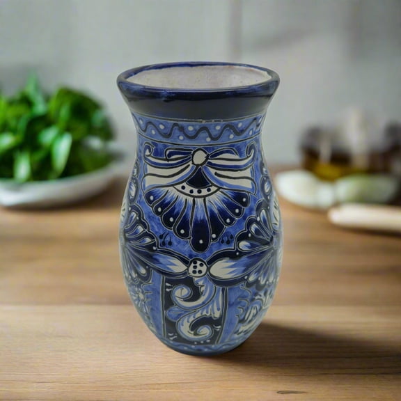 Blue Floral Talavera Vase | Hand-Painted Mexican Pottery