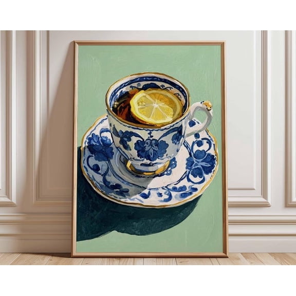 Blue Floral Tea Cup Wall Art Print