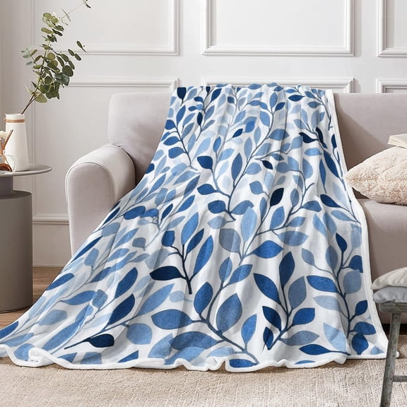 Blue Floral Throw Blanket, Rustic Botanical Flowers Throw Blankets for All Seasons, Blue Leave Greenery Sprigs French Country Spring Floral Printed Soft Fleece Throws for Couch Chair Sofa Home Decor