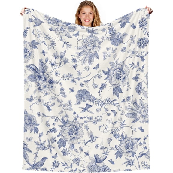 Blue Floral Throw Blanket for Bed Couch and Sofa
