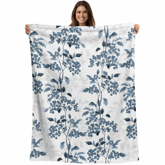 Blue Floral Throw Blankets, Vintage Abstract Botanical Pattern Soft Fleece Blanket Decorative for Home Sofa Couch Chair Living Bedroom, 32x48 Inches,
