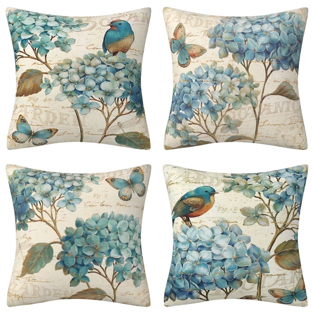 Jecuwo Floral Pillow Covers Set Of 2 - 18x18 Inch, Blue & Brown Vintage Flower Bird Print, Linen Blend