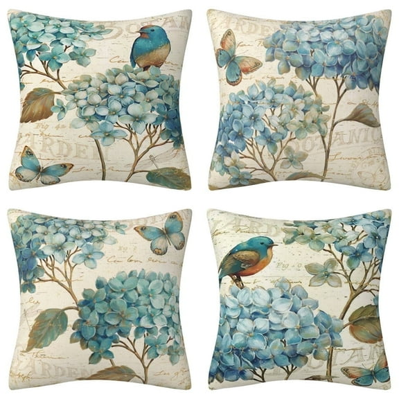 Blue Floral Throw Pillow Covers 18x18  Farmhouse Vintage Flower Bird Pillow Covers Decorative Outdoor Patio Pillow Cases Cushions Cover for Living Room Couch Sofa Bed Home Decor