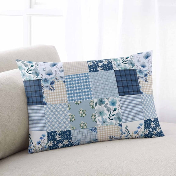 Blue Floral Throw Pillow Covers, Spring Flowers Plants Patchwork Grid Bohemia Soft Breathable Pillow Cases with Invisible Zipper, Toddler Pillowcases for Couch Bed Sofa Chair 12x20 Inches