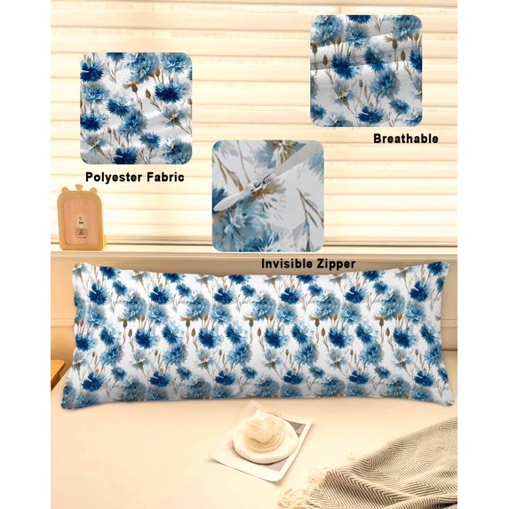 Blue Floral Throw Pillow Covers, Vintage Cornflower Leaves Rustic Plants Soft Breathable Pillow Cases with Invisible Zipper for Sleeping, Long Body Pillowcases for Couch Bed Sofa Chair 20x60 Inches
