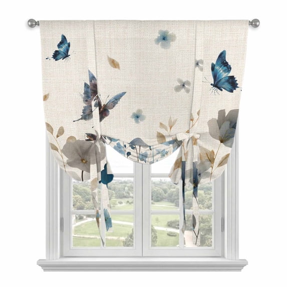 Blue Floral Tie Up Curtains 45 Inches Long, Kitchen Window Curtains Over Sink, Spring Watercolor Flowers Butterflies Beige Small Window Curtains Shade Balloon Curtains Valances for Bedroom 34"x45"