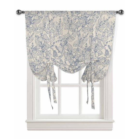 Blue Floral Tie Up Curtains for Kitchen Bathroom Bedroom Windows 63 Inch Length, Modern Vintage Flowers Pastoral Botanical Balloon Drape Curtains Shade Rod Pocket Drapery Curtain Panel, 46"x63"