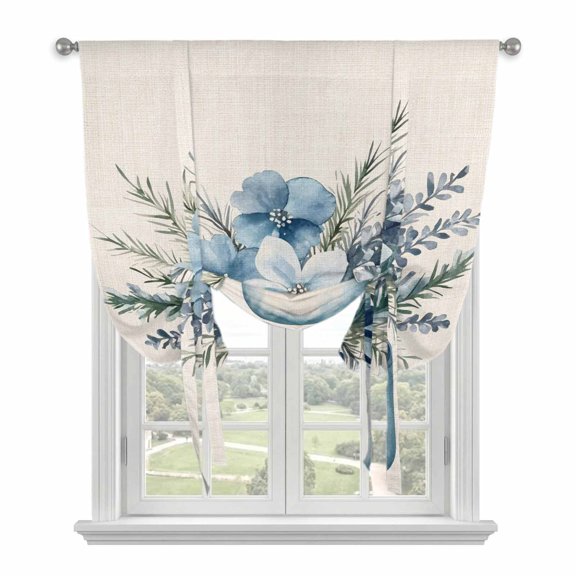Blue Floral Tie Up Curtains Window Shades, Vintage Daisy in Vase Farmhouse Flower Summer Rod Pocket Tie Up Window Shade Adjustable Balloon Curtain Shade for Blinds Kitchen Bathroom, 1 Panel, 34"x45"