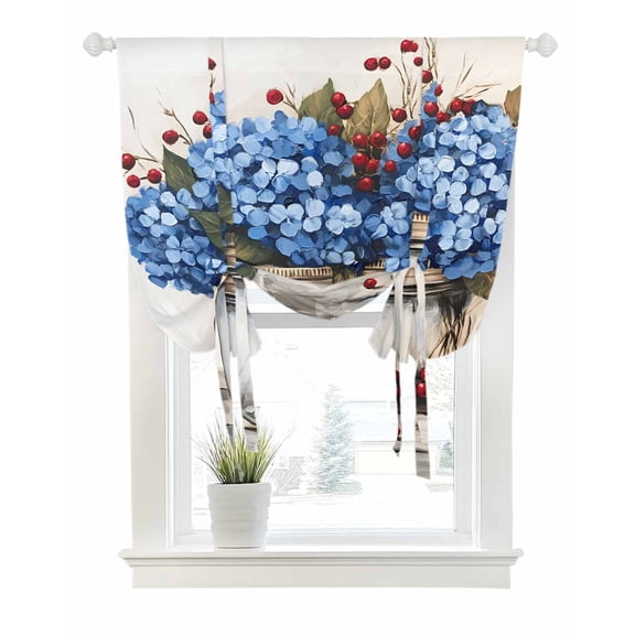Blue Floral Tie Up Curtains for Window, Thermal Insulated Balloon Shade Adjustable Rod Pocket Curtains Valance Panels for Kitchen Bathroom Cafe 42 x 54 Bottle Floral Farm Fruit Spring Summer