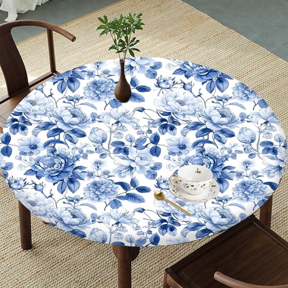 Blue Floral Toile Round Tablecloth – Fitted Circle Table Cover with Elastic Edge, Waterproof & Washable Polyester Table Cloth for 35" to 42" Indoor/Outdoor Tables