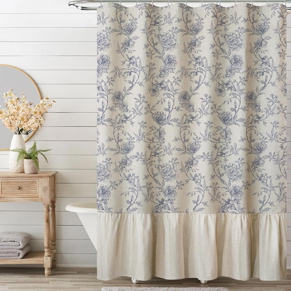 Blue Floral Toile Shower Curtain with Ruffle Trim - Vintage French Country Bathroom Decor with Linen Texture, Cottagecore Aesthetic Pattern, 72x72 Inches