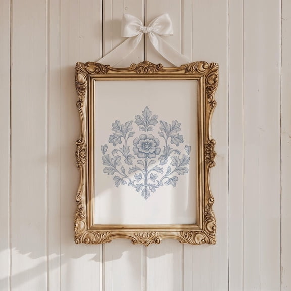 Blue Floral Toile Vintage Chinoiserie Poster, 8x12 UNFRAMED