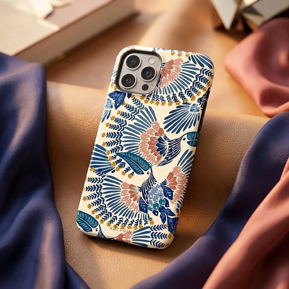Blue Floral Tough Phone Case for Apple iPhone, Glossy Dual-Layer Protective Cover