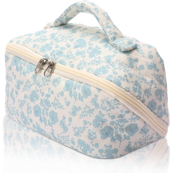 Blue Floral Travel Makeup Bag for Women 180° Open Toiletry Bags Lay-Flat Cosmetic Organizer Puffy Large Capacity Organizer For Toiletries & Brushes