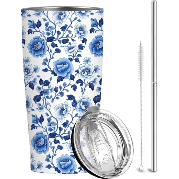 Blue Floral Tumbler 20 oz | Stainless Steel Travel Tumbler with Lid and Straw | Flower Coffee Mug for Hot & Cold Drinks | Gift for Mom Grandma | Vintage Tea Cup