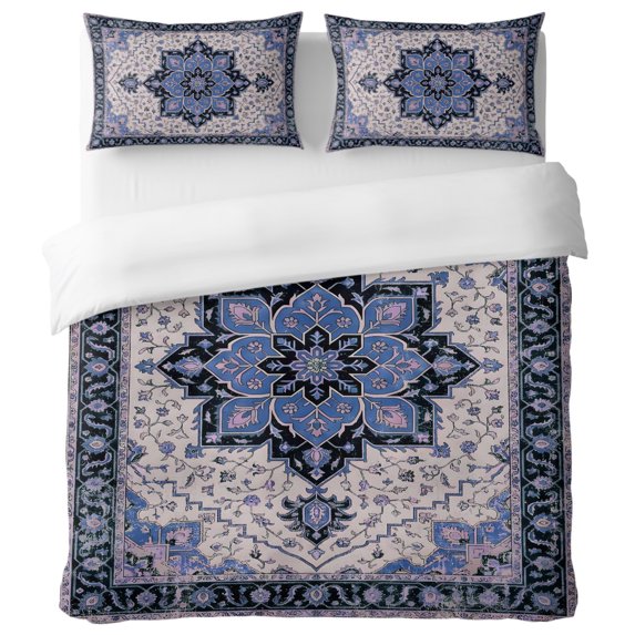 Blue Floral Twin Duvet Cover Set, Bohemian Country Ethnic Tribal Abstract Flowers Plaid Decorative 3 Piece Bedding Set with Zipper Closure Soft Breathable Microfiber Comforter Cover & 2 Pillowcases