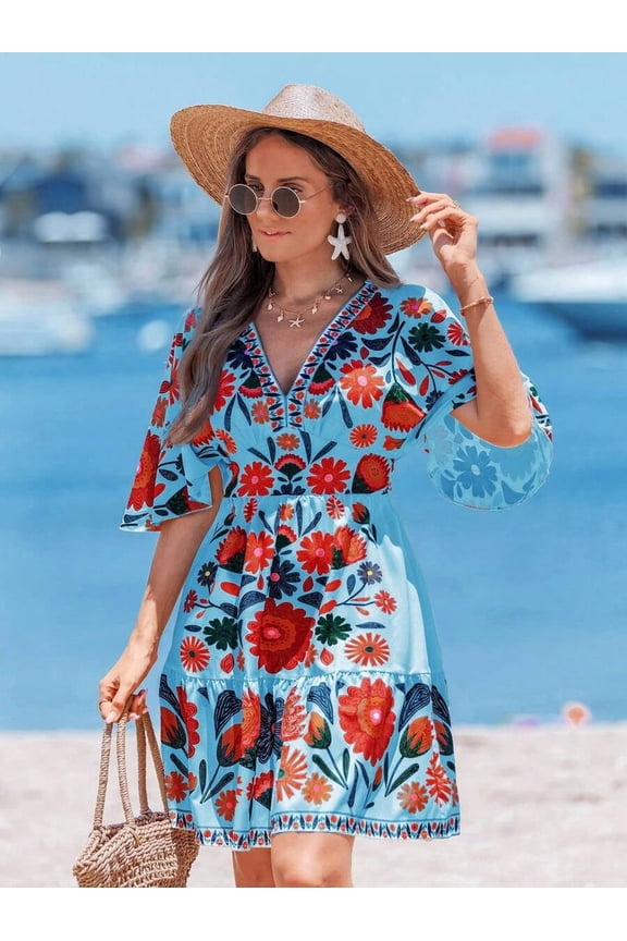 Blue Floral V-Neck A-Line Dress With Ruffle Hem And Flare Sleeves For Women