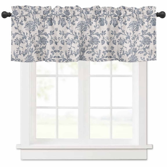 Blue Floral Valances for Windows Farmhouse Kitchen Curtains Valances Rod Pocket Valance Curtains for Kitchen Windows Farmhouse Vintage Flower Leaf Botanical Window Valances for Bathroom 42"x12"