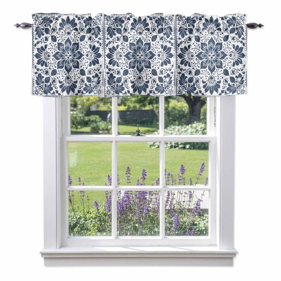 Blue Floral Valances for Windows, Pattern Leaves Geometric Art Valance Window Treatment Rod Pocket Short Curtains Valances for Kitchen Bathroom 60"W x 14"L