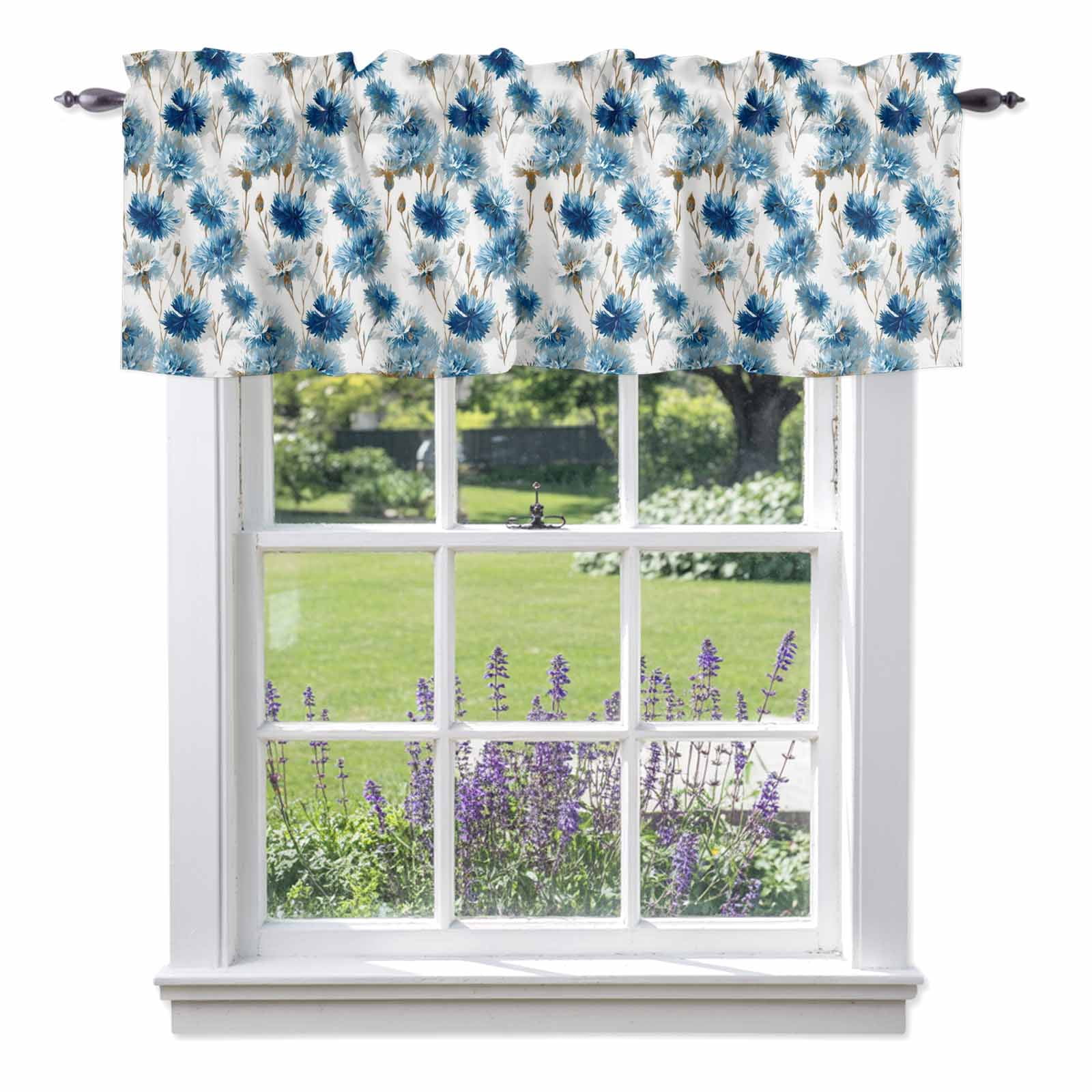 Blue Floral Valances for Windows Vintage Cornflower Leaf Retro Plant ...