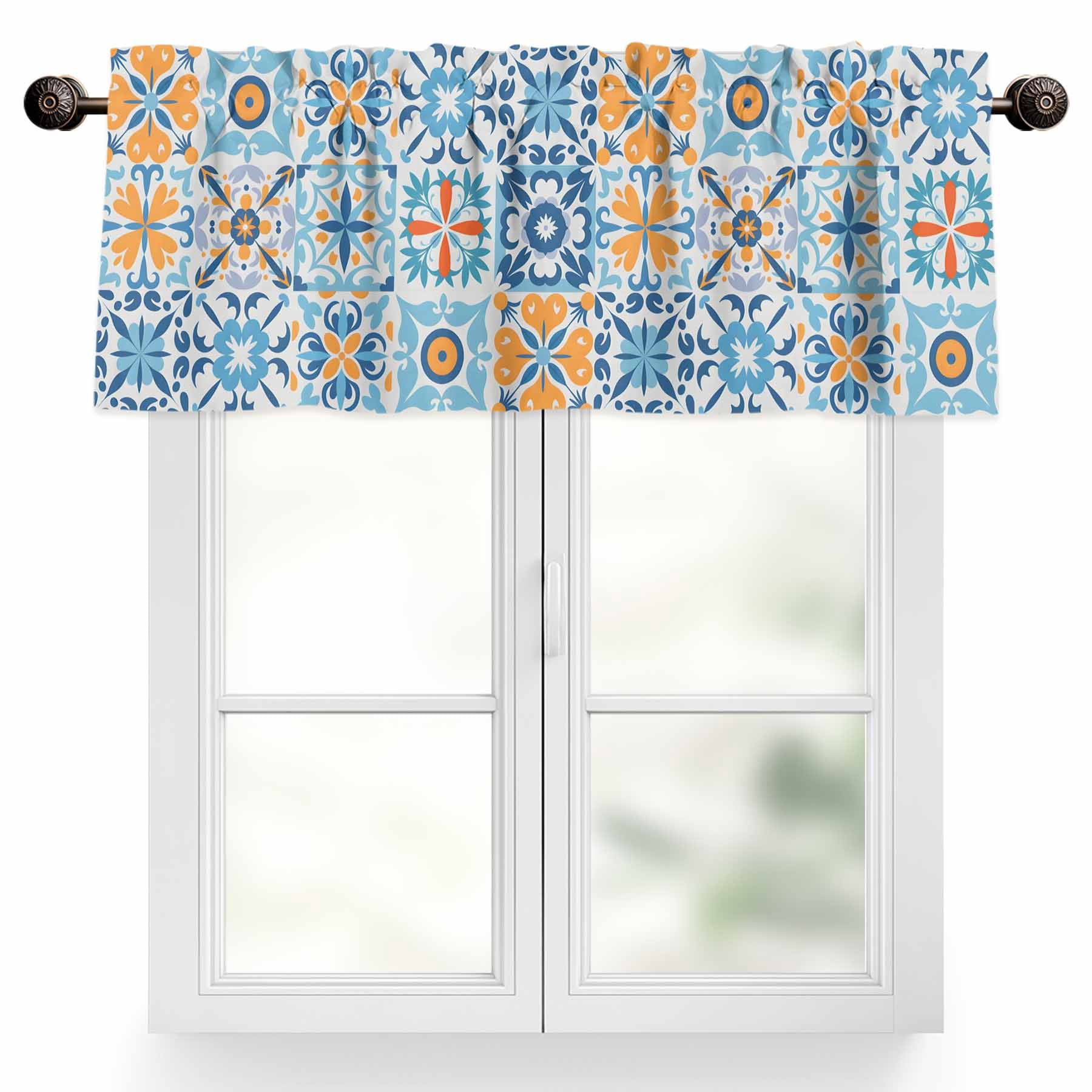 Blue Floral Valances for Windows Vintage Mediterranean Tile Orange ...