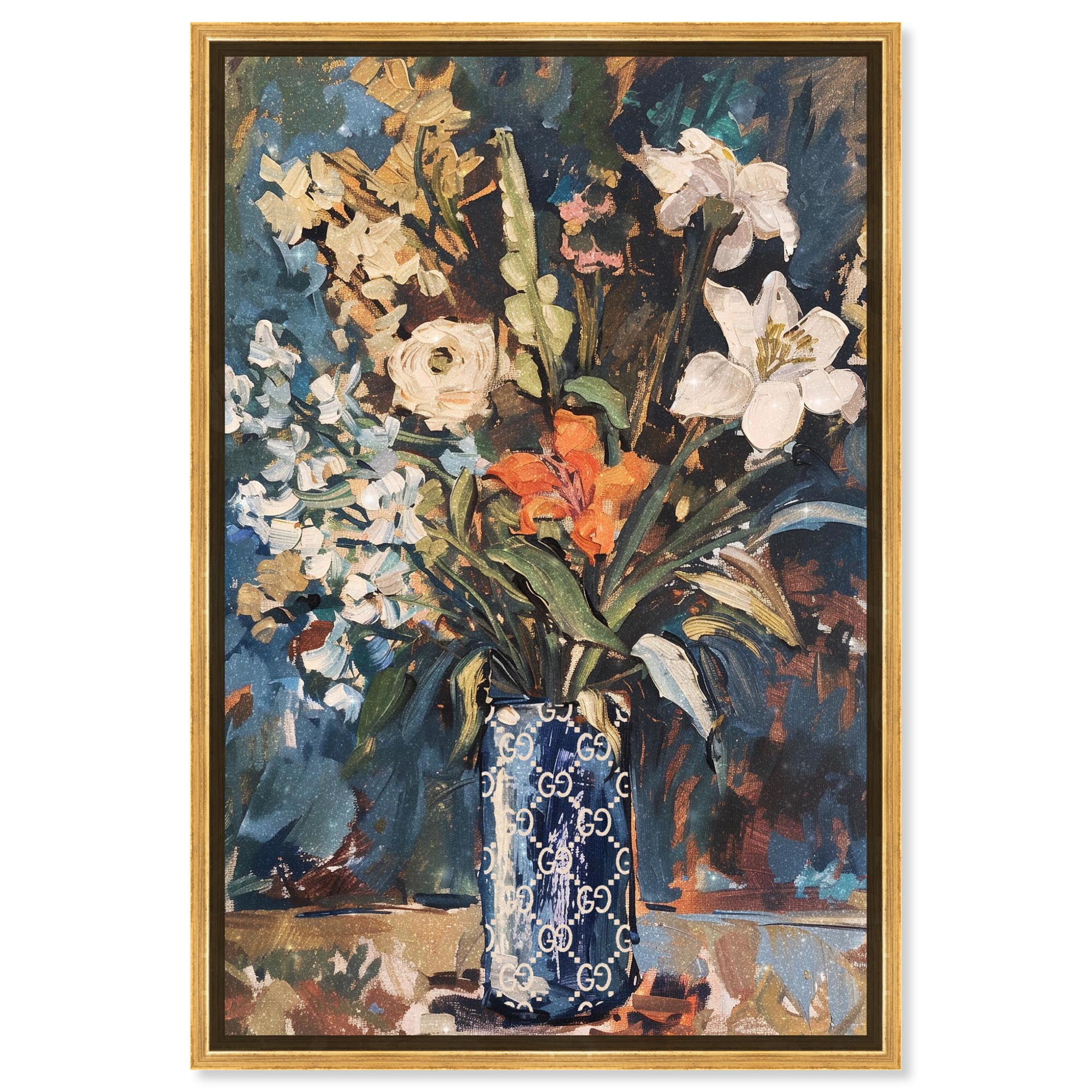 Blue Floral Vase Abstract Canvas Art with Gold Frame