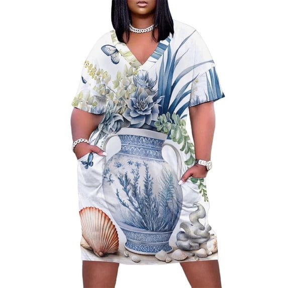 Blue Floral Vase Set Loose Pocket Dress Dresses Summer Summer Dresses ...