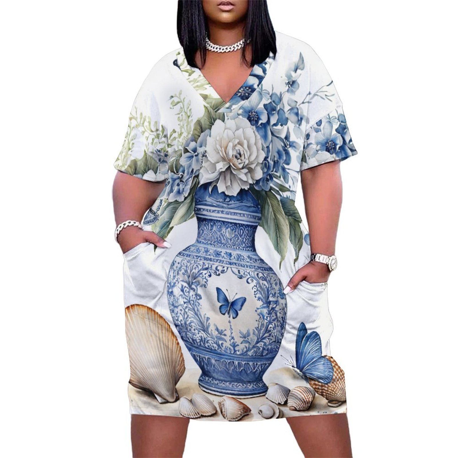 Blue Floral Vase Set Loose Pocket Dress Dresses Summer Summer Dresses ...