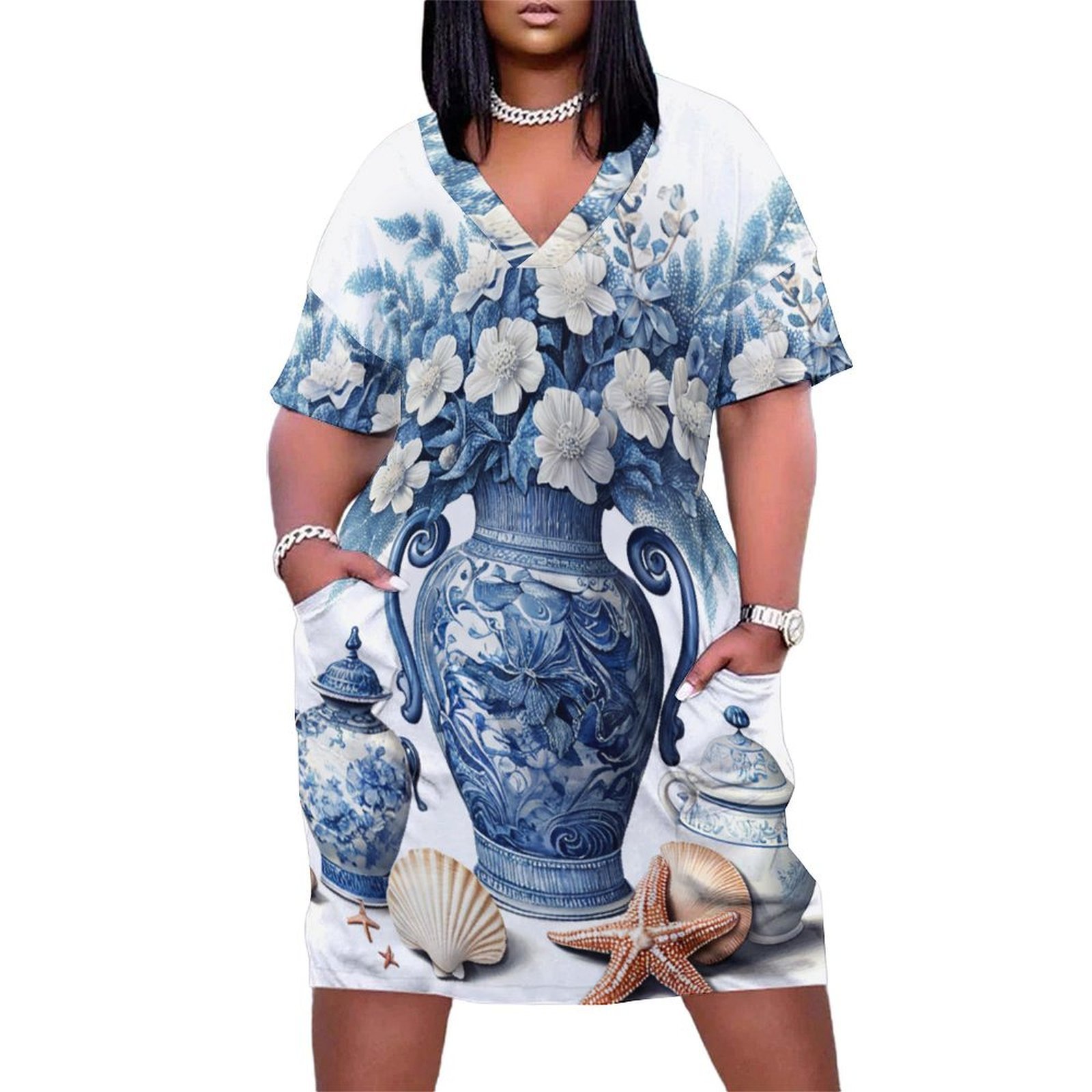 Blue Floral Vase Set Loose Pocket Dress Dresses Summer Summer Dresses ...