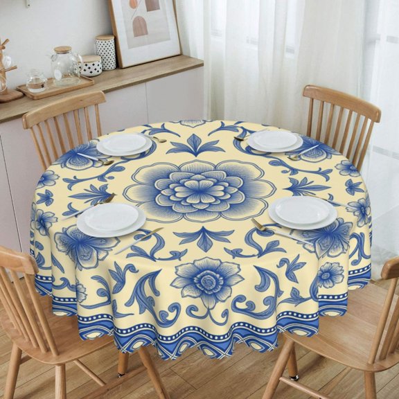 Blue Floral Vine Pattern On Cream Round Tablecloth Waterproof Table Cloth Stain and Wrinkle Resistant Washable, Decorative Fabric Table Cover for Dining, Party and Camping