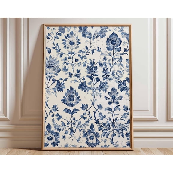 Blue Floral Vintage Flower Chinoiserie Classic Pattern Wall Art Print, Unframed Paper Poster 8x10in