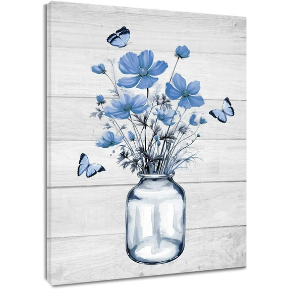 Blue Floral Wall Art for Living Room,Vintage Flower and Butterfly in Vase on Rustic Wood Canvas Wall Art Country Wildflower Framed Wall Art for Bedroom Bathroom Wall Decor,16L X 12W inches