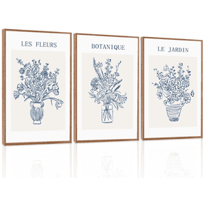 Blue Floral Wall Art,Navy Lines Framed Artwork Set of 3(16”X24”)Soft Blue Moody Framed,Vintage Flowers Wall Art,Abstract Botanical Oil Painting Prints,Large Textured Canvas Decor for Bedroom.