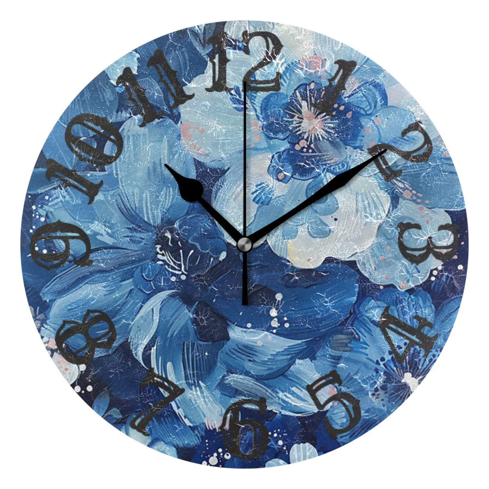 Blue Floral Wall Clock 10 inch Non-Ticking Easy to Read Decorative ...