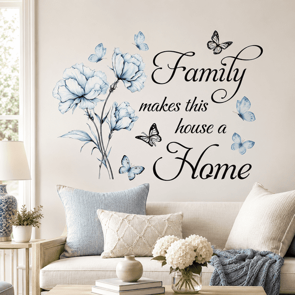 Blue Floral Wall Decal Family Quote Home Decor, Removable Vinyl Sticker for Living Room