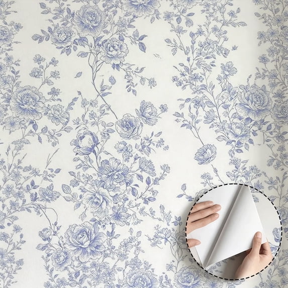 Blue Floral Wallpaper Vintage Farmhouse Peel and Stick Waterproof Wall Decoration for Living Room Bedroom Kitchen Cabinet Drawer Rental Property 17.7 * 118 in Self Adhesive Mural Paper