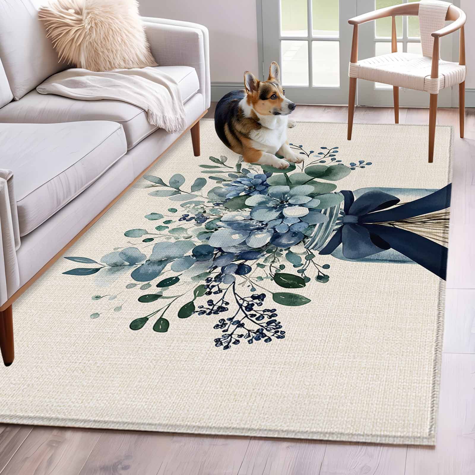 Low Profile Blue Rug Blue Floral Washable Area Rug 4x6 Pastoral Eucalyptus Leaf Bow Vase Low ...