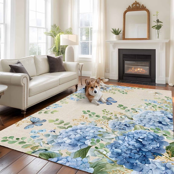Blue Floral Washable Area Rug 6x9 Summer Country Hydrangea Floral Butterfly Linen Texture Low-Profile Large Area Rugs with Non Slip Backing Indoor Floor Carpet for Entrance Living Room Bedroom