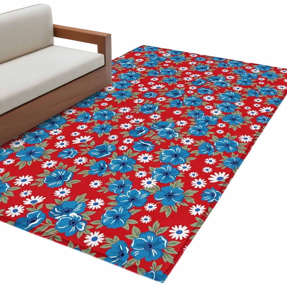 Blue Floral Washable Area Rugs 2.7'x5', Flower Leaves Farmhouse Red Background Low Pile Throw Living Room Rug Non-Slip Sturdy Edge Binding Carpet for Indoor Entryway Bedside Kitchen